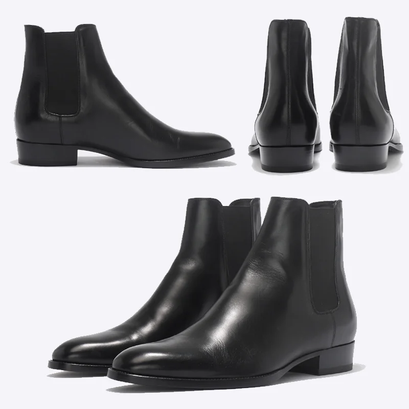 New Black Chelsea Boots for Men Low Heels Band Shoes Square Toe Slip-On Business Men Ankle Boots Genuine Leather Botas De Hombre