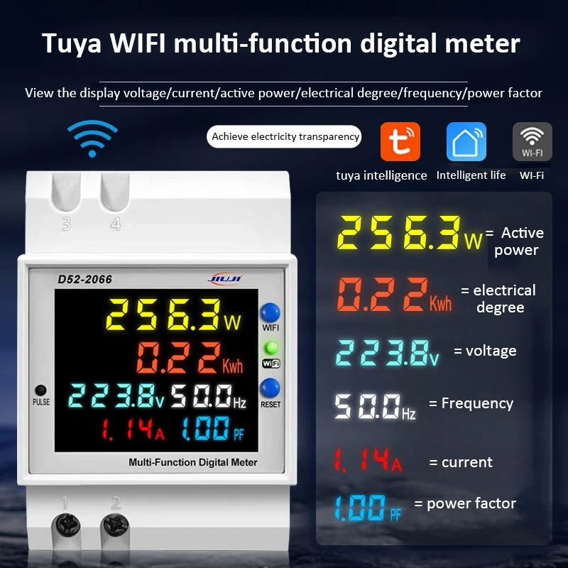 Imagem -02 - Wifi Inteligente Display Digital Medidor de Eletricidade tipo Ferroviário Tensão e Medidor de Corrente Fator de Potência Medição de Freqüência