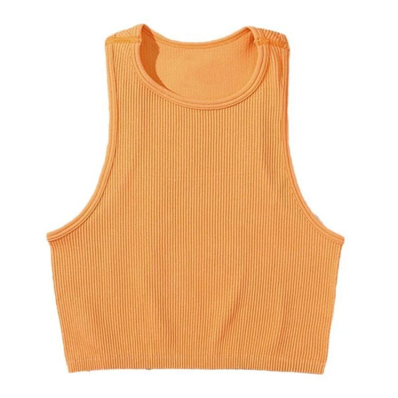 Crop Top Women Athletic Sports Tank Seamless Streetwear Elastic Rib-Knit Sleeveless Yoga Vest Tee Stretchy Gym Tight