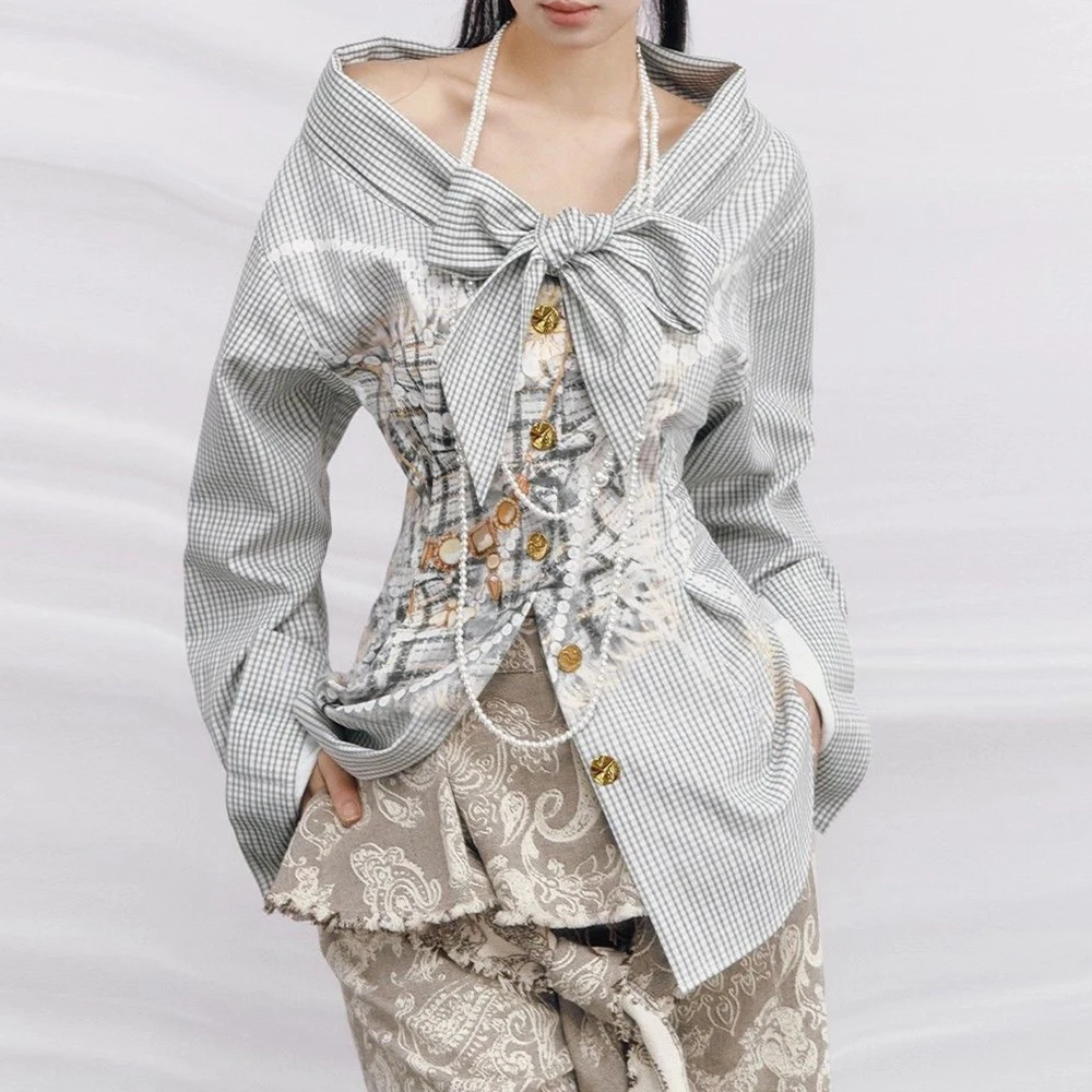 

Рубашка женская в клетку с отстегивающимся воротником, с принтом «Тысяча долларов» в стиле «Old Money», винтажная, коллекция «Интимность»