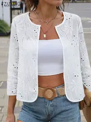 ZANZEA Summer 2024 Casual Cardigan Shirts Holiday Fashion 3/4 Sleeve Elegant Kimonos Hollow Out Embroidered Women Cover-up Tops