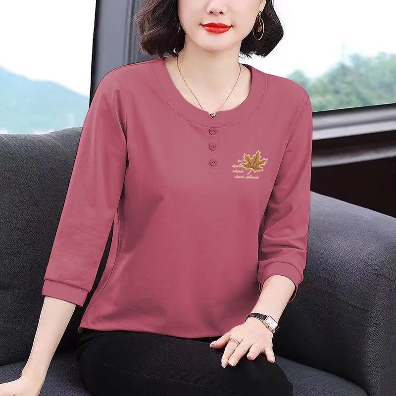 Casual Elegant Women Cotton Three Quarter Sleeve T Shirt Autumn Loose Hide Belly Mom Style Outerwear Tops