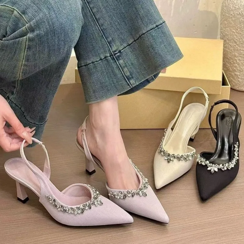 Fashion Rhinestone Design Women's Sandal Comfort Non-slip Pointed Toe Low Heel Ladies Loafers Elegant Women's Sandal 4567