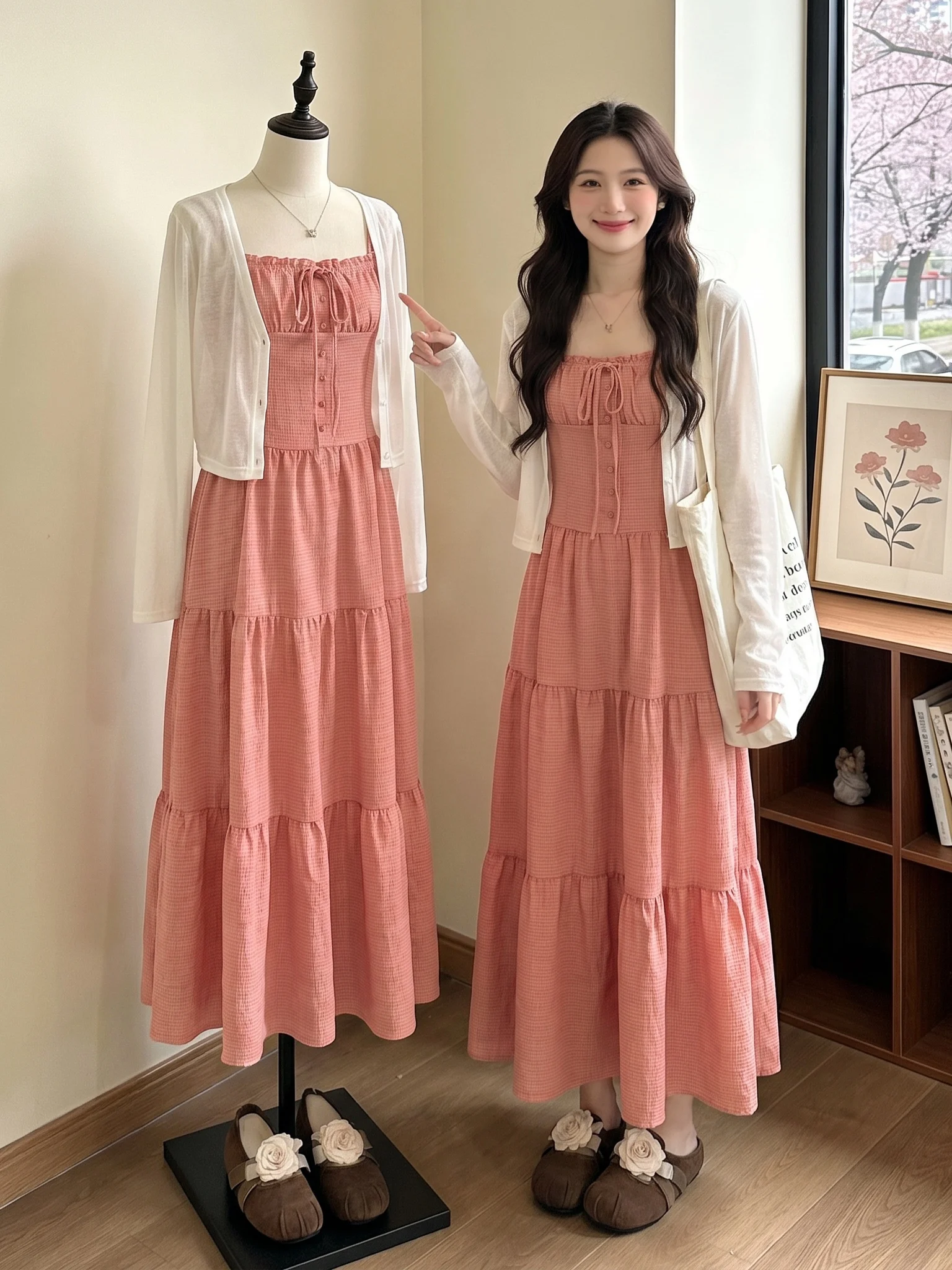 

Pink Plaid Strap Dress Outerwear Sun Protection Two-Piece Set Summer New Style plus Size Women's Fashion Ensemble Casual Commute