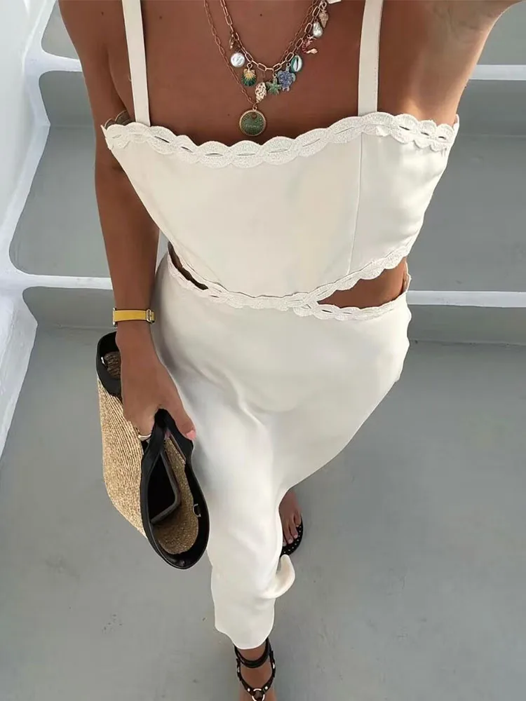 TRAF Sexy Summer Holiday Hollow Out Backless Sling Dress 2024 Lady Fashion Cut Out Loose Maxi Dresses Female Beachwear Vestidos