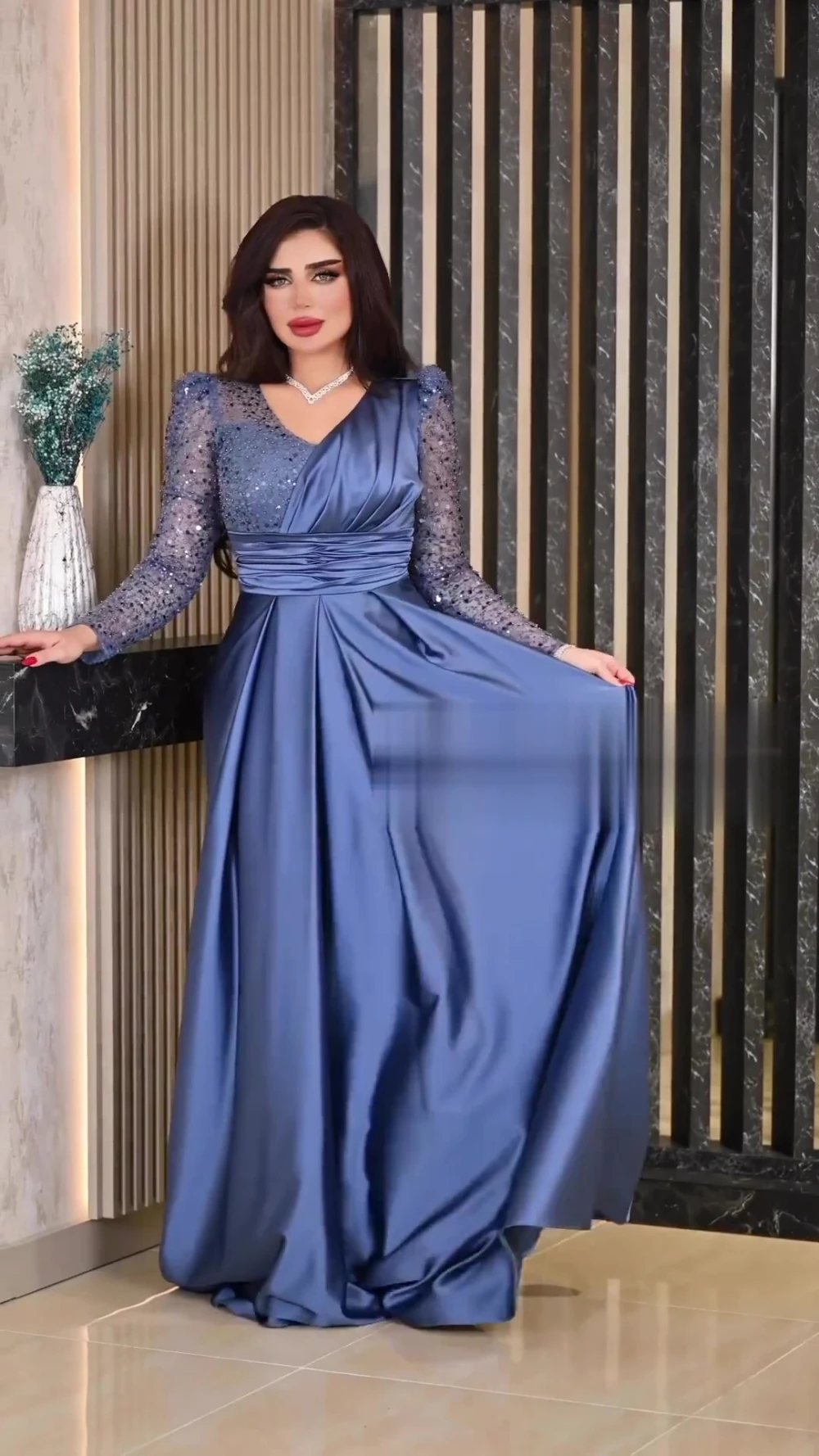 Sparkle V-neck Ball Gown Sweep/Brush Evening Dresses Sequin Tulle Satin Formal Occasion robe pour cérémonie de mariageفستان