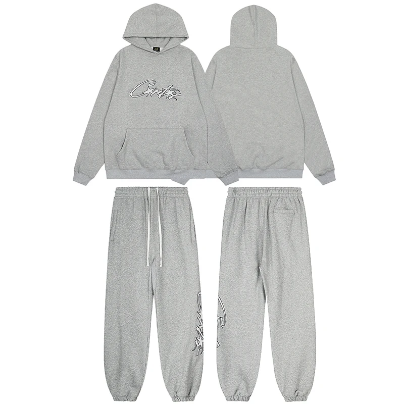 

American High Street Spor Casual Embroidered Letter Logo Loose Pure Cotton Hoodie Pants Set Teenage Boy Autumn Wear