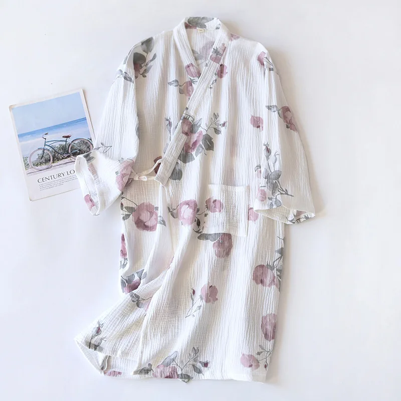 Soft New In Women\'s Sleepwear For Sleeping Four Seasons Thin Shower Robe Japanese Kimono Mujer Rose Printing Dressing Gown