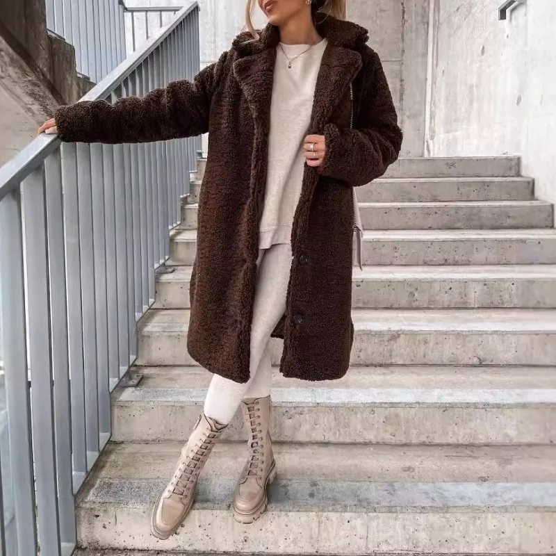 2024 Autumn and Winter New Solid Color Commute Casual Style Long Sleeves Lapel Women's Plush Tops Long Coat Winter Coat