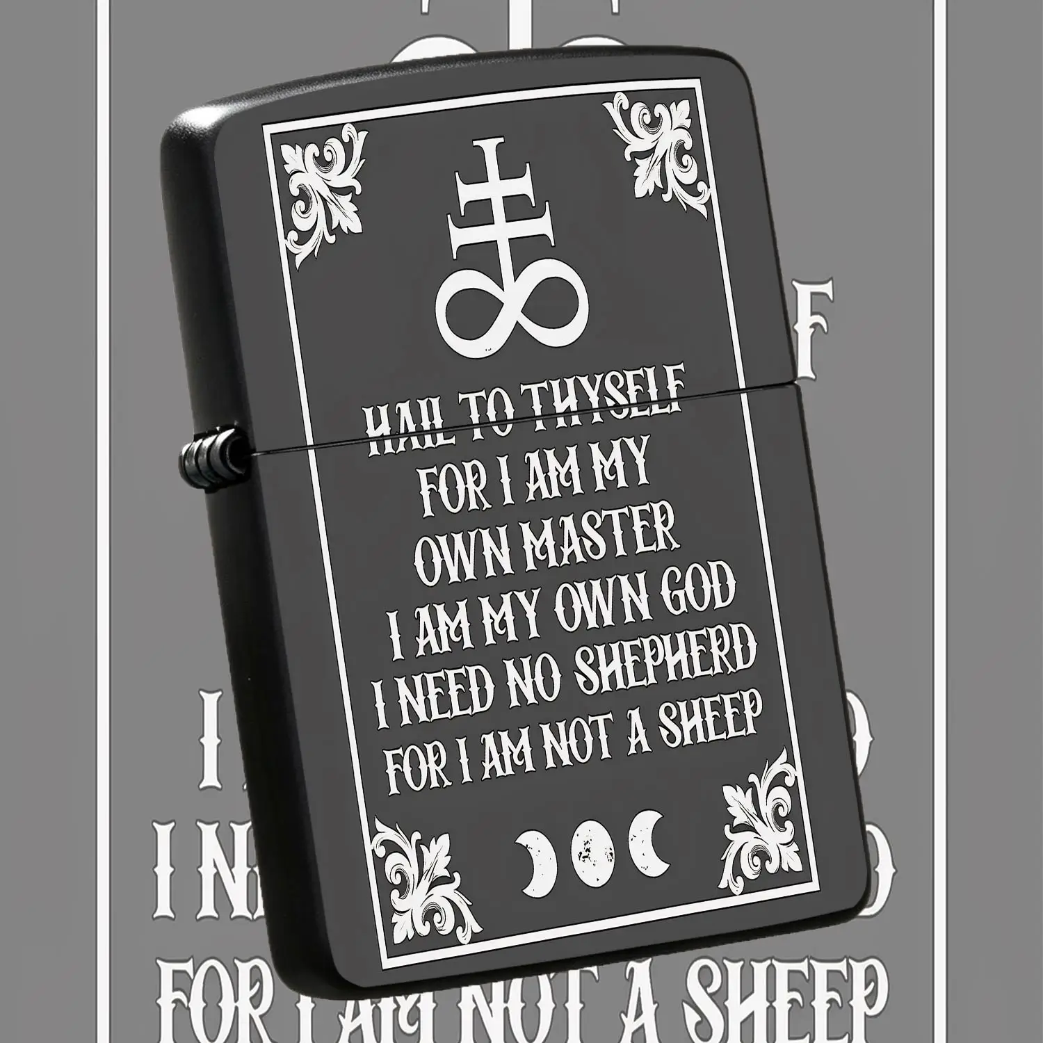 Dark Self-Liberation Themed Lighter Hail To Thyself Design With Leviathan Cross Moon Phase Pattern Vintage Floral Corner Ornament Ideal For Daily Carrying Outdoor Gathering Personal Unique Statement Accession For Self-E A Humorous And Inter