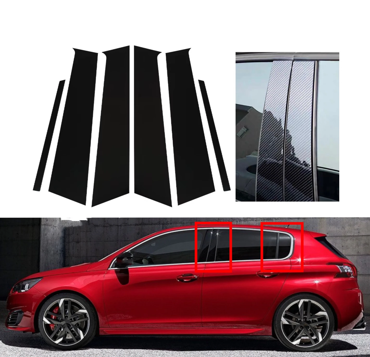 6pcs Silver Carbon Glossy Black Pillar Post Fit For Peugeot 308 2011-2017 2018 2019 2020 2021 Window Column BC Trim Sticker