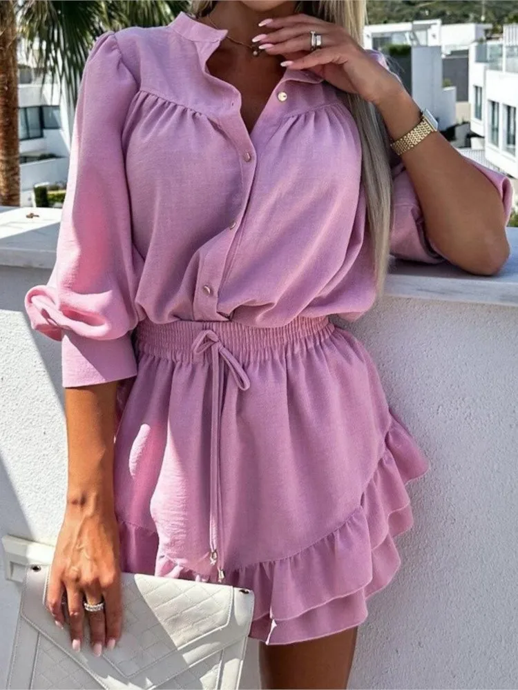 Spring Summer Solid Color Skirt Two Piece Set Women Stand Collar Shirts Ruffles Short Skirts 2 Piece Sets Trendy Female Clothing