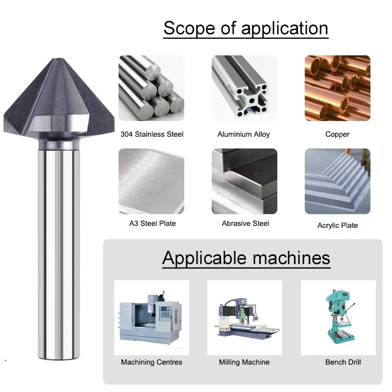 AZZKOR 6.3mm-60.0mm Reverse Alloy Countersunk Drill Bit Tungsten Steel Carbide 3-Flutes 90-Degrees Chamfering Cutter