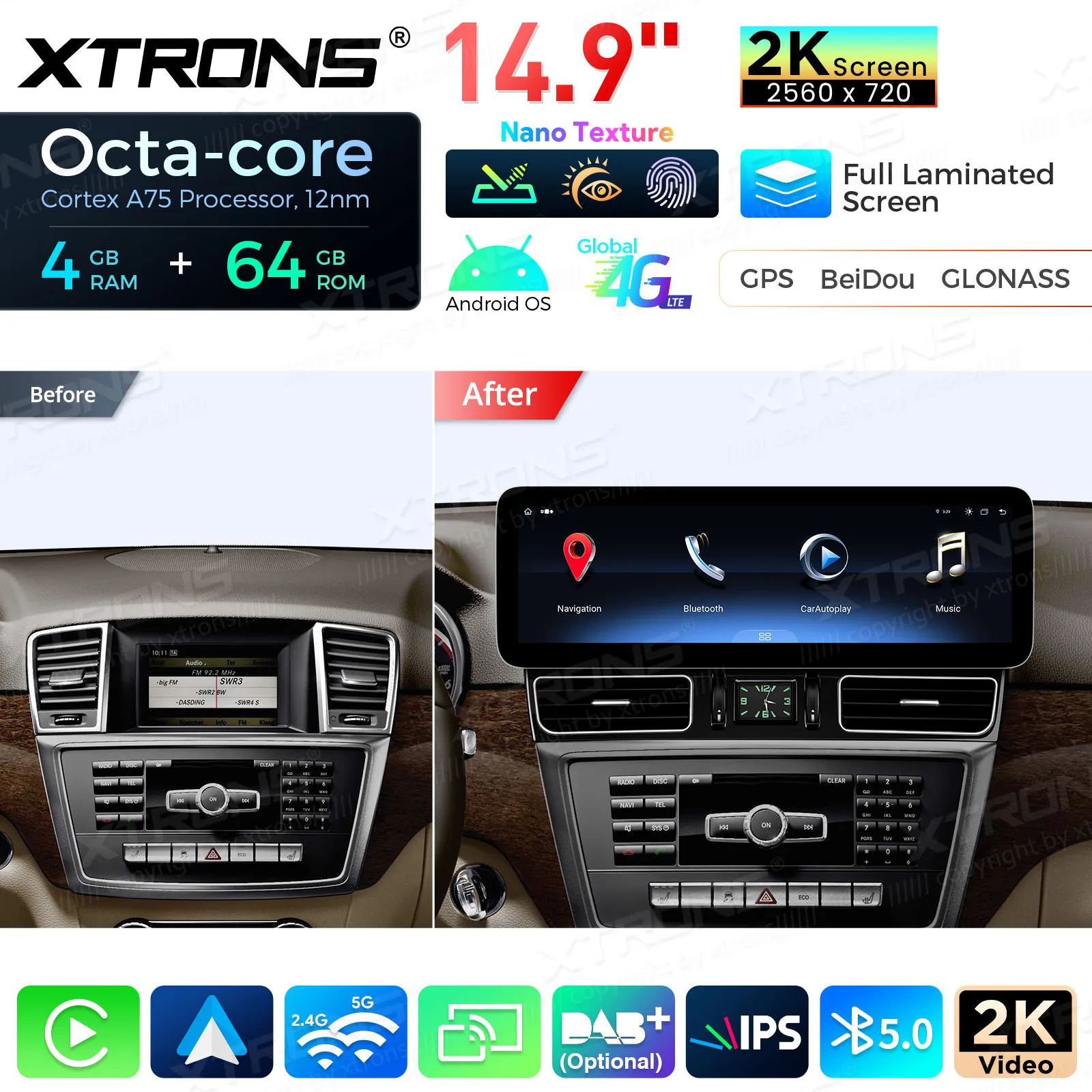 XTRONS 14.9'' Android 14 Head Unit Car Stereo Multimedia For BENZ M-Class W166/GL Class X166  NTG 4.5 4.7 12-15 Built in CarPlay