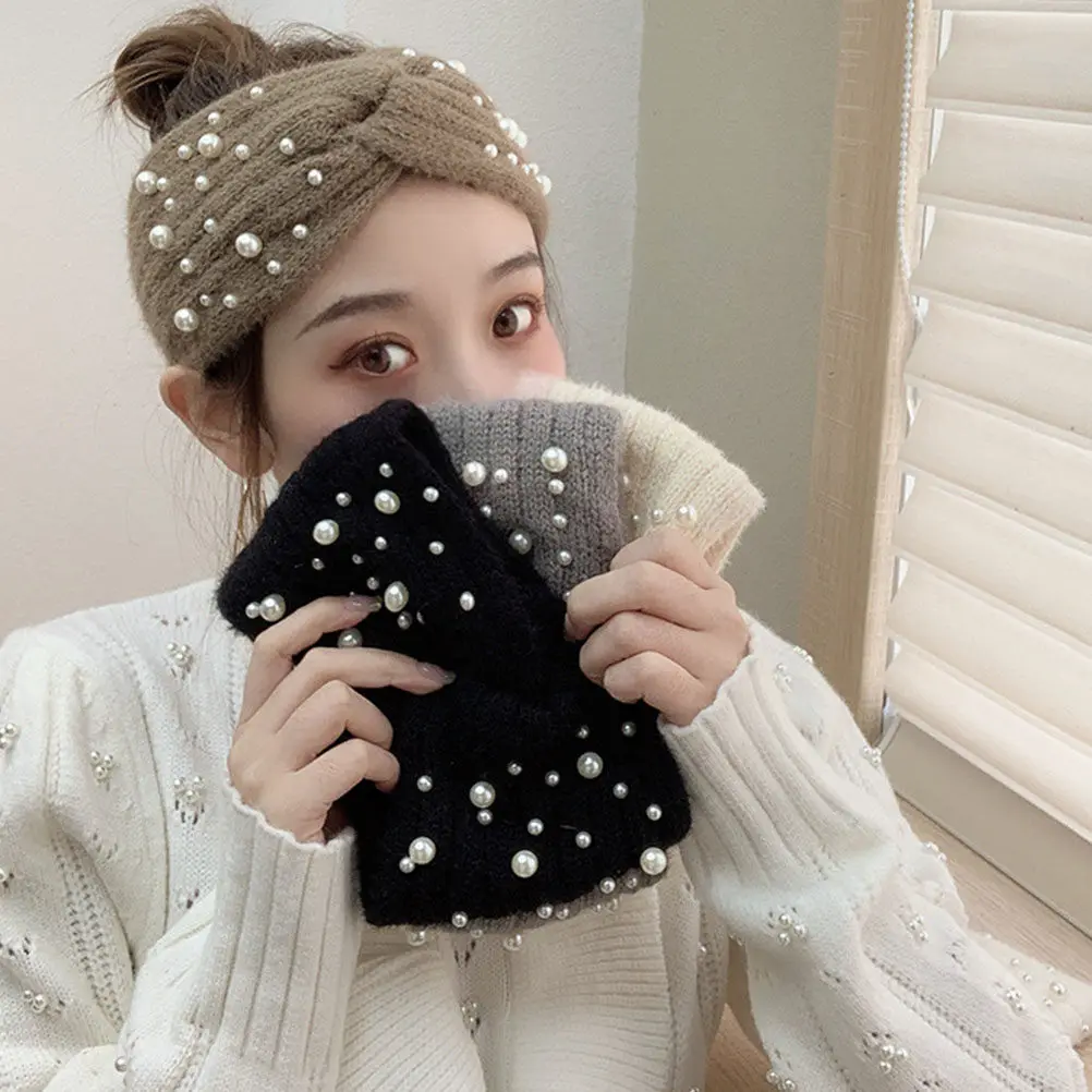

1Pcs Pearls Knitted Hairband Women Warm Elastic Braided Headband Winter Hair Band for Outdoor Activities Gift for Mom