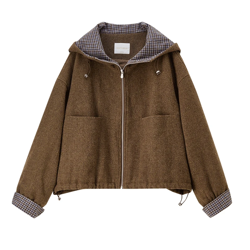 Parkas à capuche rétro SENTUBILA pour femmes 2025, manteaux en laine mélangée à carreaux contrastés, vêtements d'extérieur chauds d'hiver pour femmes W64MC6620
