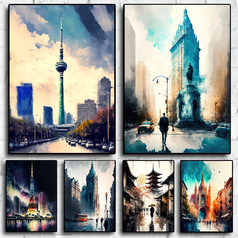 Nordic Travel Watercolor City Tokyo Paris Aesthetic Street Architecture Poster Canvas Print Wall Art Home Decoration Room Decor