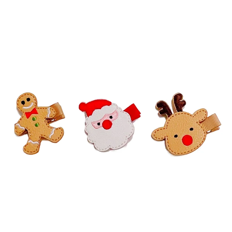 15Pairs Leather Reindeer Santa Hairpins Embroidery Gingerbread Man Hair Clips Xmas New Year Headwear Boutique Hair Accessories