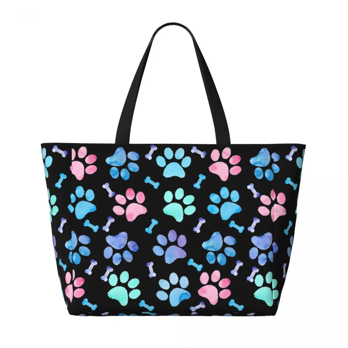 Custom Watercolor Dog Paws Pattern Beach Tote Bag Women Large Compartment Beach Gym Travel Bags