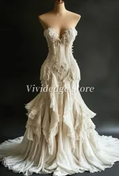 Customized  Vintage Mermaid Strapless Ivory V-neck Lace-up Chiffon Tulle Prom Dresses Wedding Evening Gowns