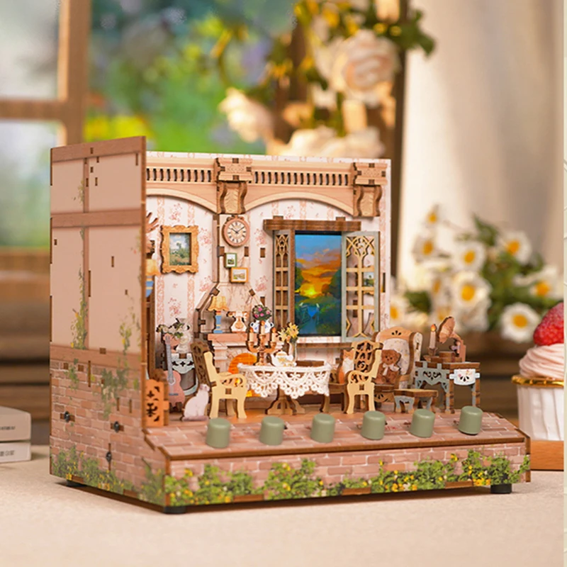 DIY Wooden Doll Houses Garden Time Casa Miniature Building Kits with Music Sound USB Power Dollhouse for Girls Birthday Gifts