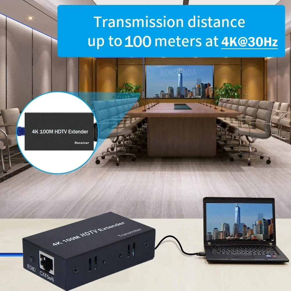 4K HDMI Extender 100M over Single Cat5E/6 Cable HDMI Ethernet Extender Transmit Extension Repeater with EDID for PC HDTV Laptop