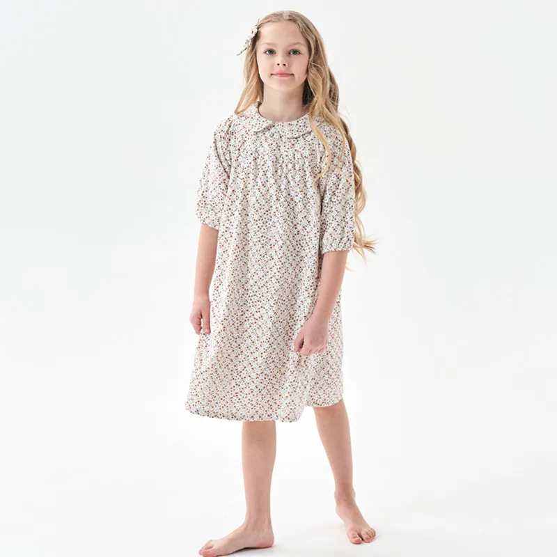 kids girls embroidery brown floral print summer cotton flare dress children girl fashion cotton lining 3/4 sleeve flower dresses