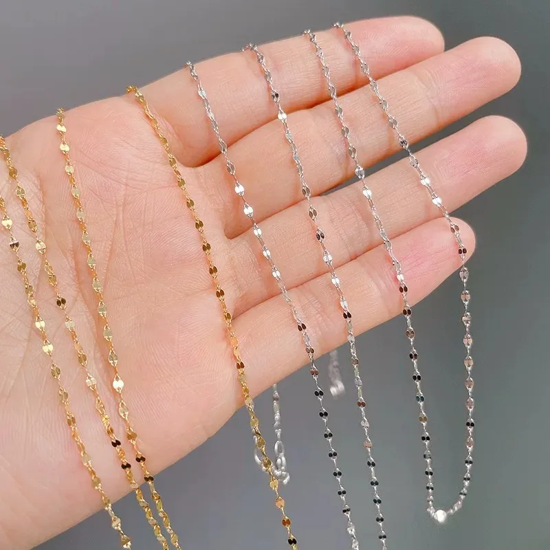 S925 Sterling Silver Necklace Plain Chain Versatile Sequin Sparkle Collarbone Chain Delicate Shiny Accessory For Women And Girls