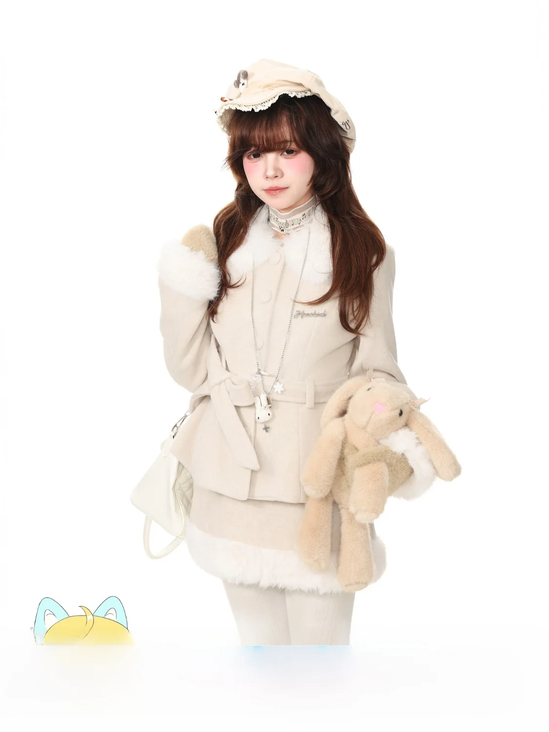 Blue Ghost Park Languid Park Women's Autumn Outfit Woolen Coat with Fur Collar And Wrap Skirt Two-Piece Set Casual Style