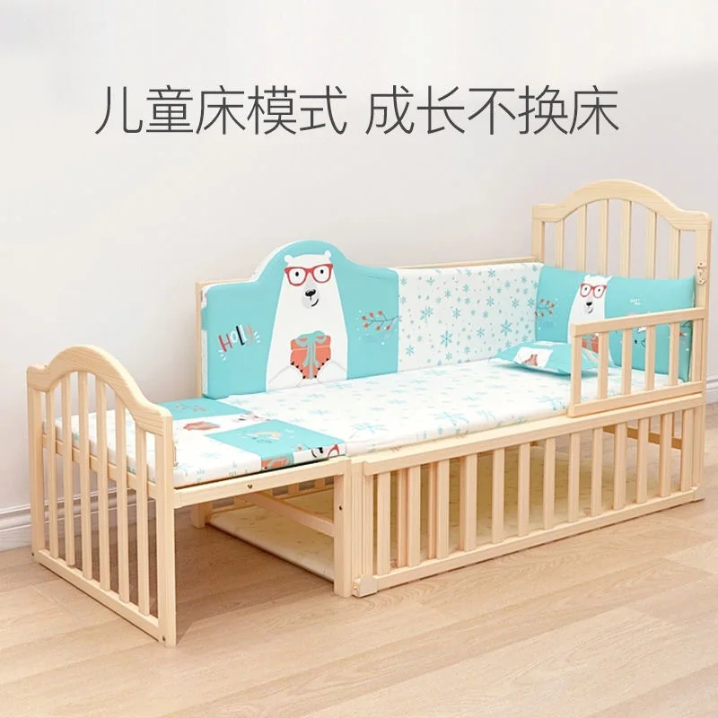 Solid wood baby crib with stitched large bed, multifunctional children's bed can extend up to 168cm, suitable for older children