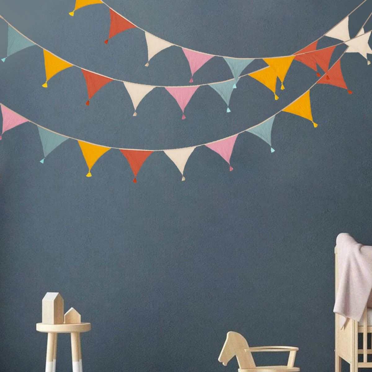 1 Juego de banderines de tela para guardería, 10 banderas triangulares con borla, decoración para fiesta de cumpleaños, pancarta para el hogar, Baby Shower, guirnalda de Carnaval