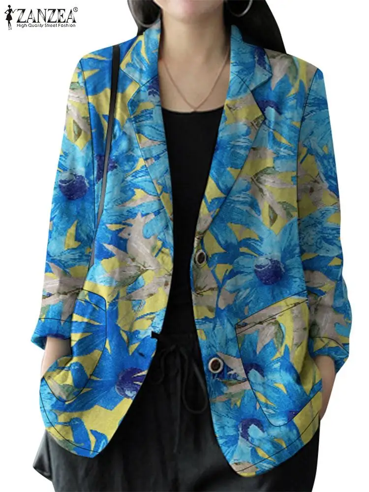 ZANZEA-blazer estampado floral para mulheres, jaquetas soltas casuais, casacos finos com gola lapela elegante, roupas vintage, manga longa, outono, 2024