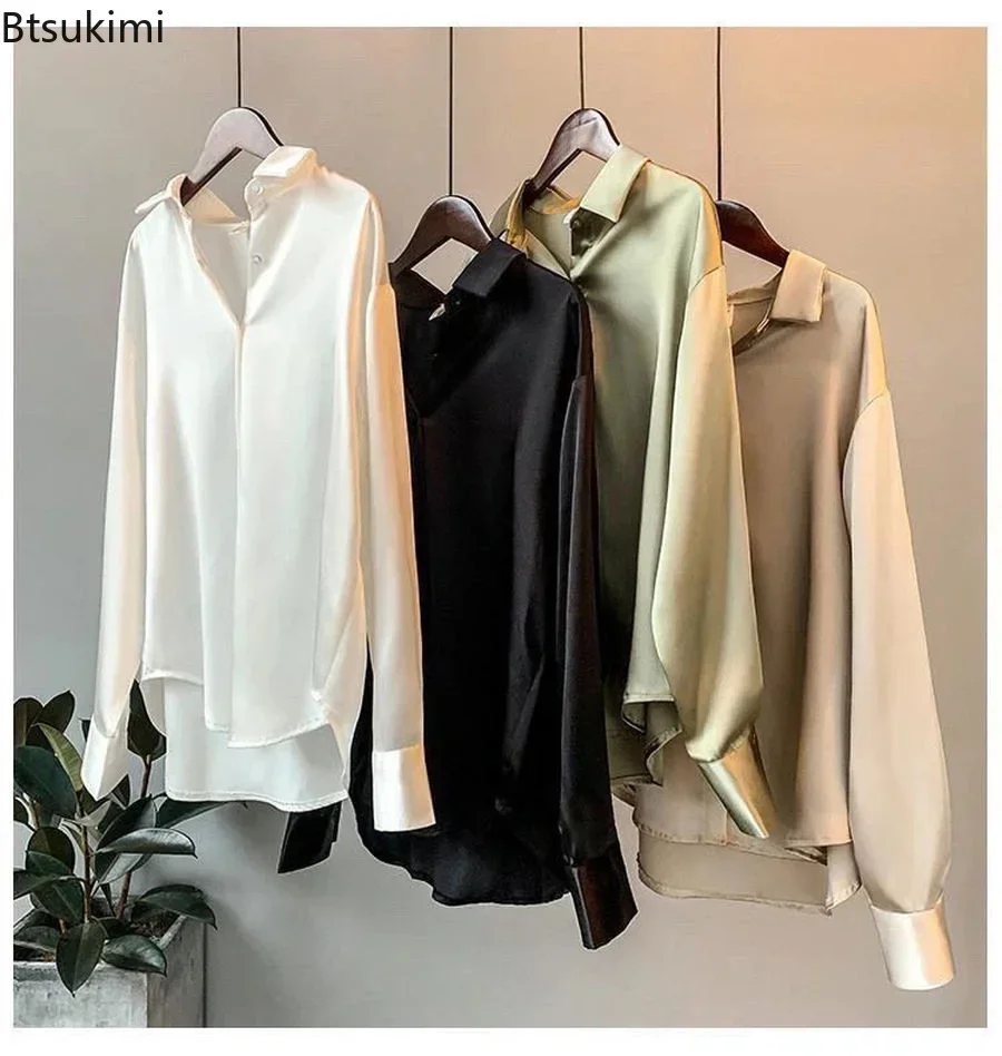 2025 Women's Casual Satin Shirt Elegant Women Clothing Silk Shirts Blouse Office Lady  Long Sleeve Dress Shirt Oversized Shirts