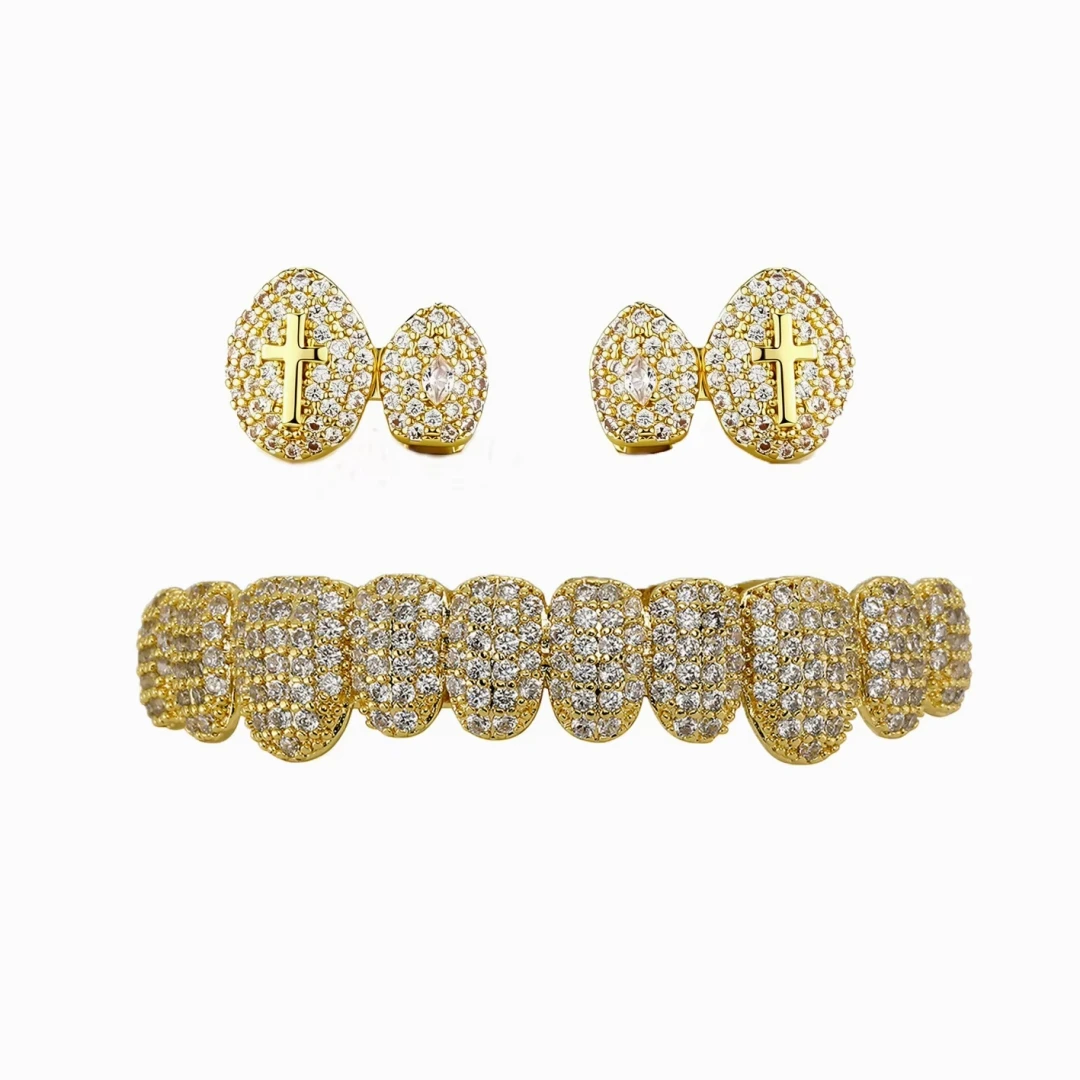 2-teiliges Hip-Hop Doppelzahn-Grillz-Set für Herren, massives Heiliges Kreuz CZ Ober- & Unterzähne Rapper Punk-Stil Glänzendes Weihnachtsgeschenk – Detail 10