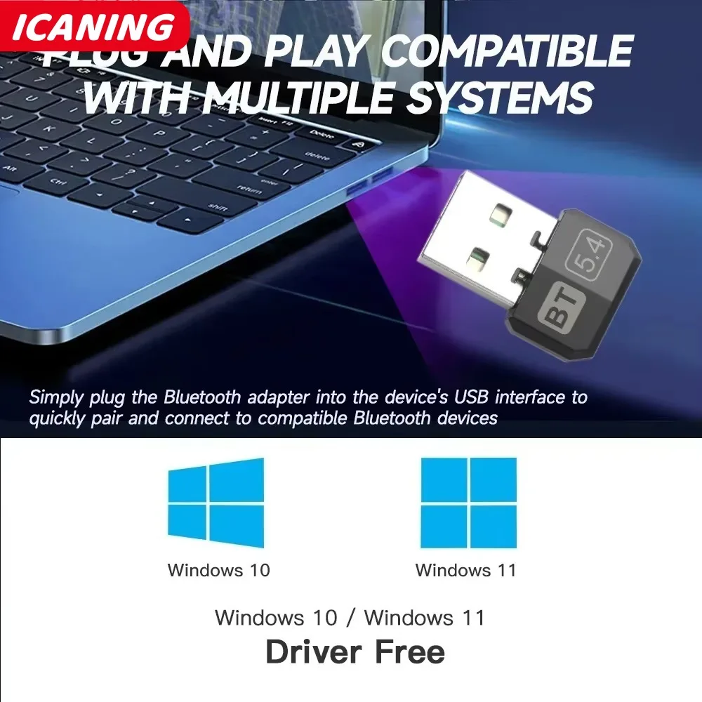 Adattatore dongle USB ricevitore Bluetooth 5.4 per PC Trasmettitore audio mouse wireless Driver Bluetooth 5.0 gratuito per Win 10/11