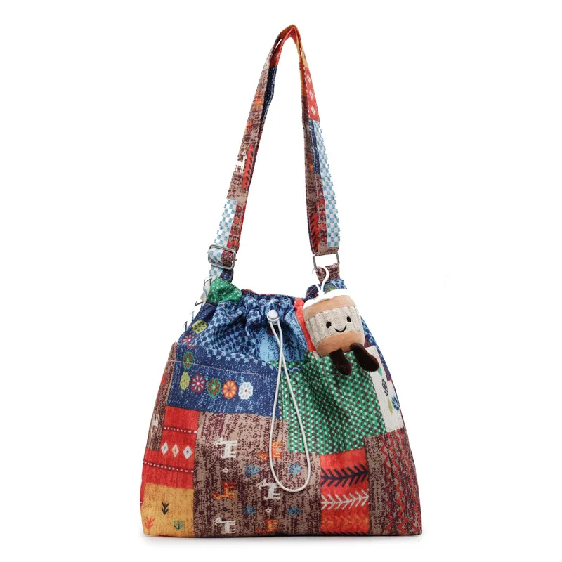 التنقل سعة كبيرة لون الصدام رسم حبل عقدة الفم العرقية نمط المرقعة حقيبة بوهو الكتف حقيبة كروسبودي امرأة #5