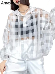 AmaxluluE Summer 2025 British New Design Female Plaid White Hooded Sweatshirts Womens Sexy Punk Hoodies Ladies Oversized Clothes