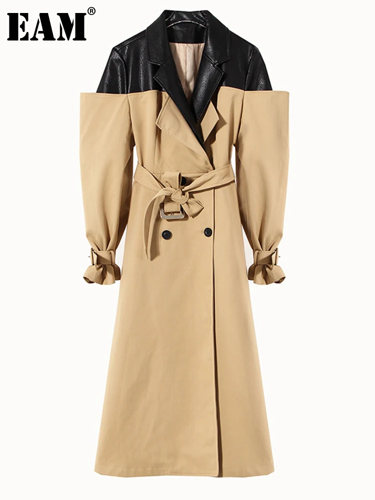 [EAM] Women Khaki Color-block Belted Long Trench New Lapel Long Sleeve Loose Windbreaker Fashion Spring Autumn 2025 1DE4272