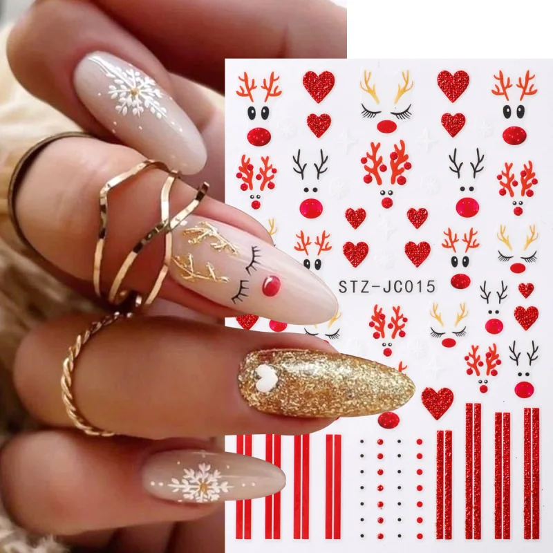 การ์ตูนคริสต์มาสสติกเกอร์เล็บน่ารักกวางเขากวางเกล็ดหิมะหัวใจลายกาวสติ๊กเกอร์กลิตเตอร์ปีใหม่สไลเดอร์ตกแต่งเล็บ