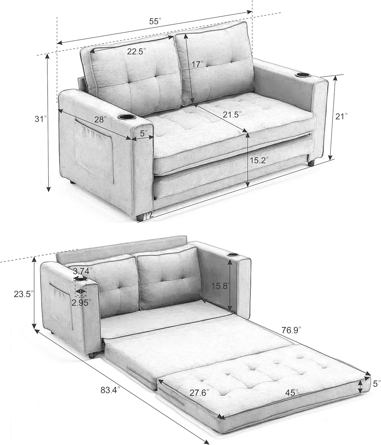 3 Fold Tufted Upholstered Futon Sofa Bed Modern Convertible Foldable Loveseat Floor Sofabed With Pull Out Sleeper Couch Daybed