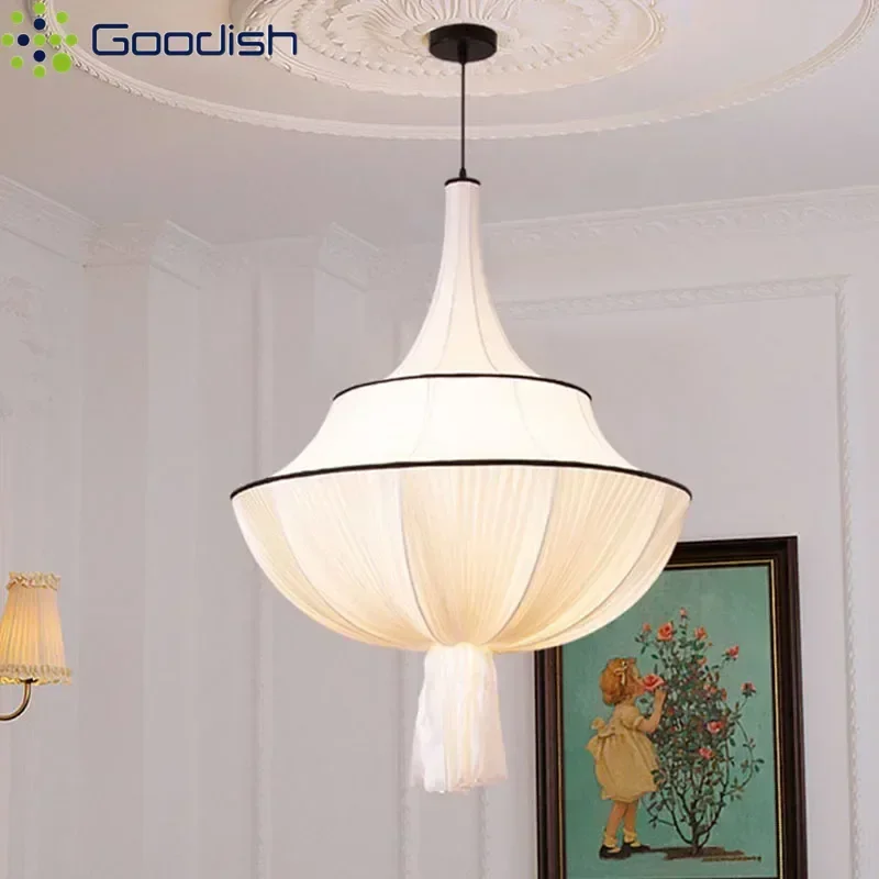 French Retro Pendant Light Wabi-Sabi Cloth Hanging Lamp Art Home Decoration LED Chandeliers for Hotel Lobby Living Bedroom Loft view 4
