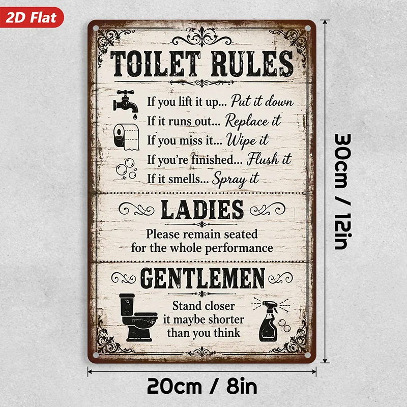2D Flat, 1pc Words Bathroom Rules Sign Metal Sign Wall Art, Print Description: Toilet Rules Text, Humorous Etiquette Quotes,