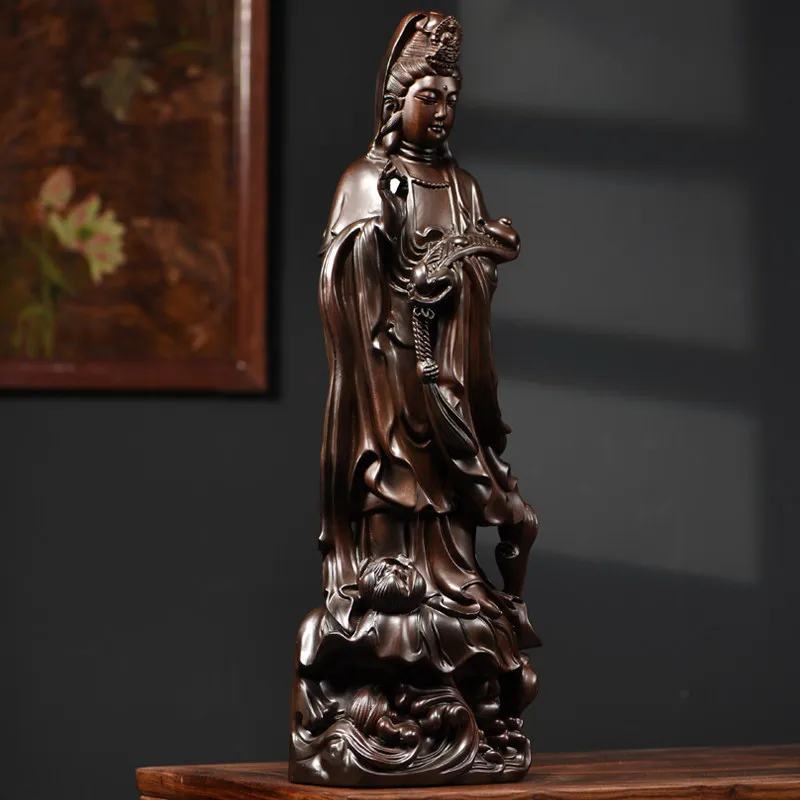 Hand Carved Ebony South Sea Guanyin Statue for Home Buddhist Hall Worship & Gifts