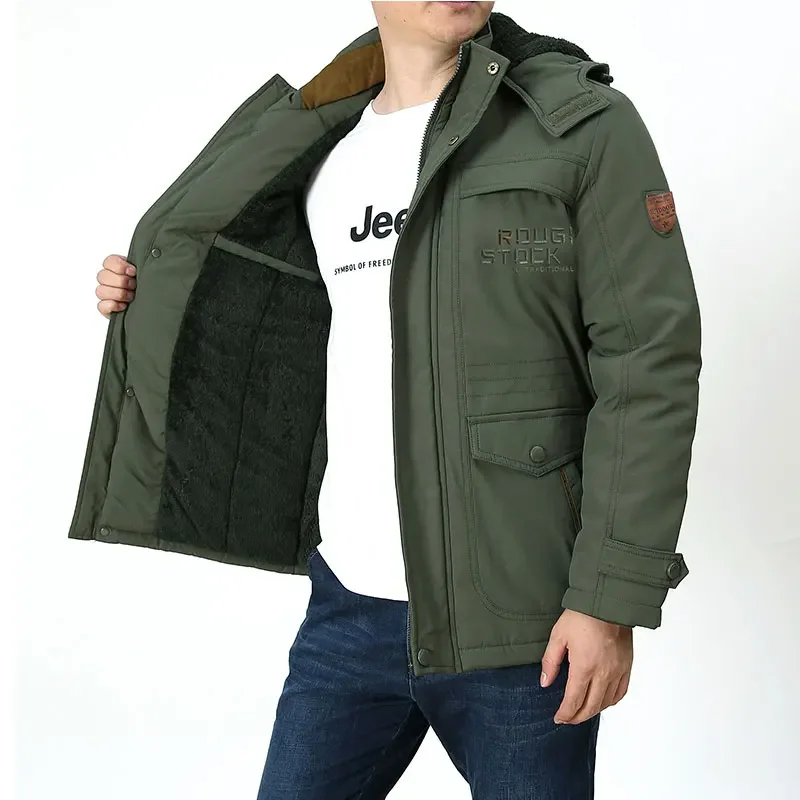 Cargo Jackets Men Winter Outdoor Windproof Warm Casual Fleece Jacket Thick Warm Hooded Coat Solid Color Outerwear Mens Clothing