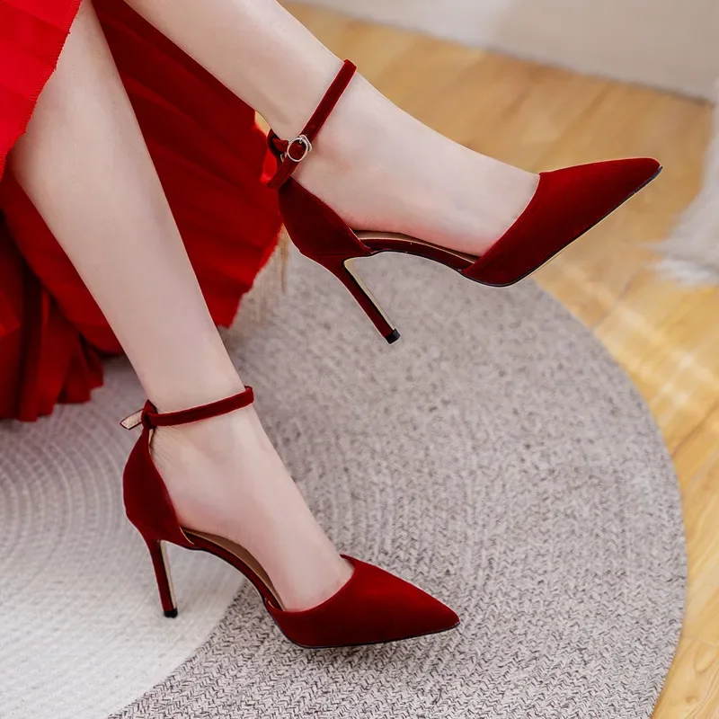 7cm Shoes Luxury Women Pointed Toe Flock Pumps High Heels Wedding Banquet Women Red Sandals 41 42 43