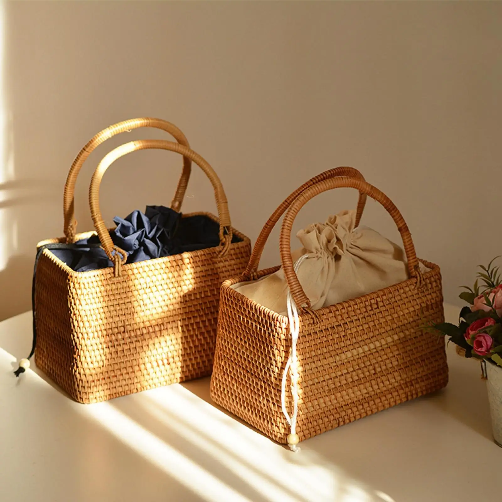 Boho Style Hand Woven Rattan Handbag Picnic  Travel Clutch Bag Hand Basket Rectangle Rattan Portable Bag