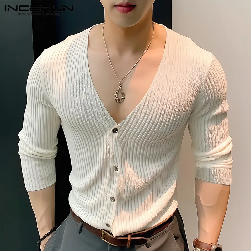 INCERUN Tops 2024 Handsome Men\'s Solid Knitted Striped Shirts Fashionable Male Simple All-match V-neck Long Sleeved Blouse S-5XL