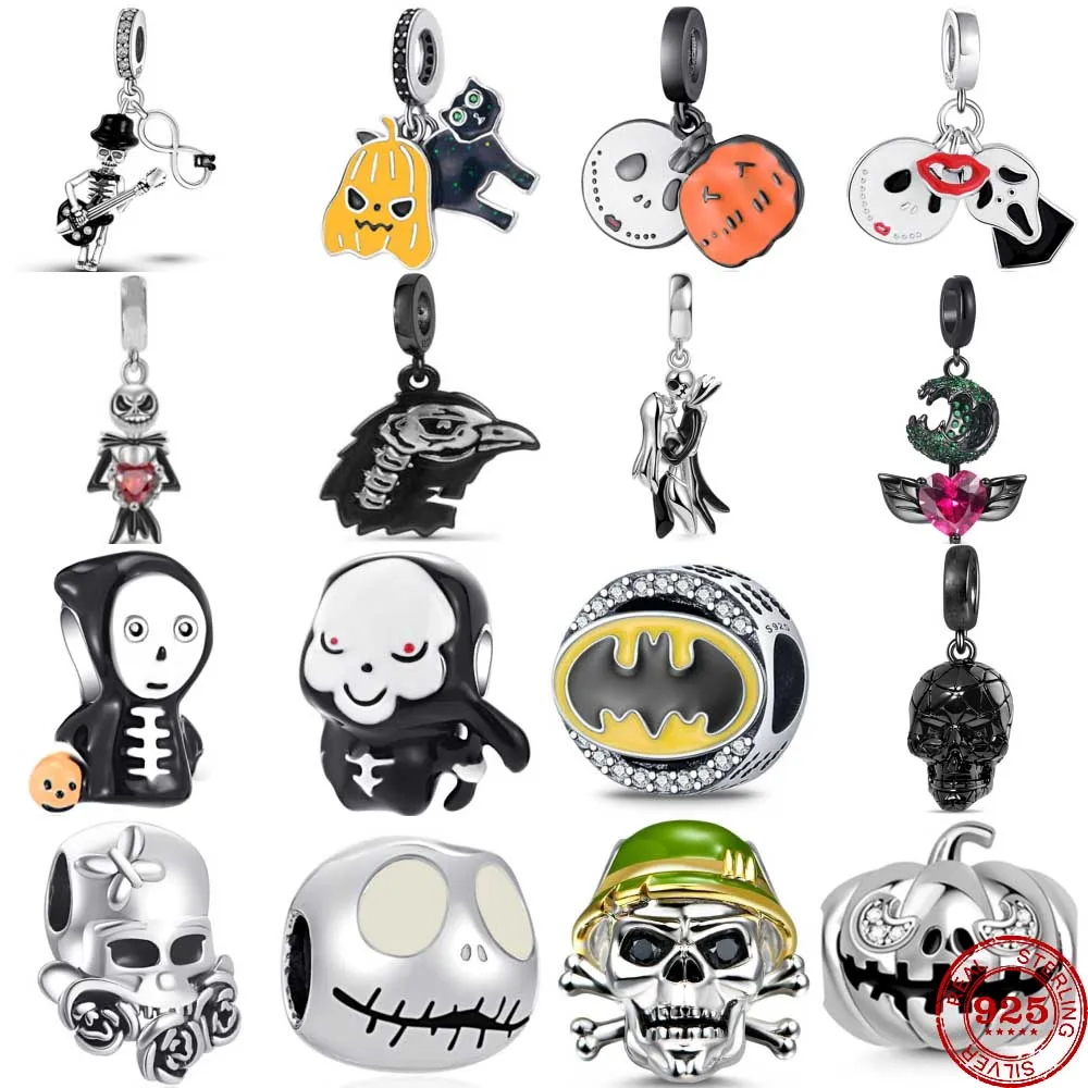 New 925 Sterling Silver Halloween Bat Terror Pumpkin Charm Hang Bead Fit Original Pendant Bead Bracelet Fashion DIY Woman Jewel