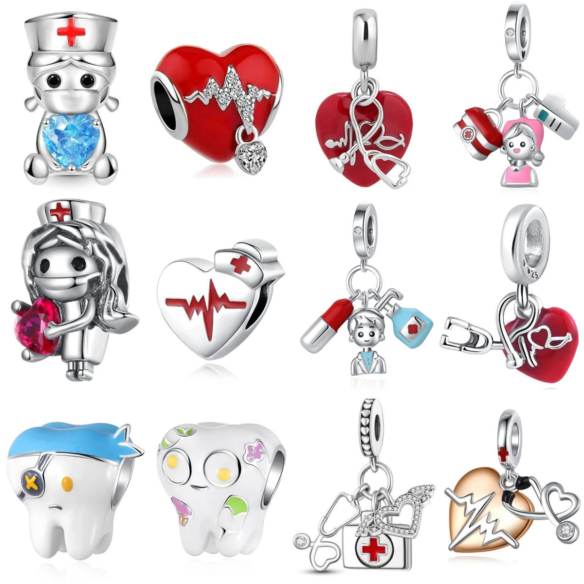 Nueva gran oferta de dijes de estetoscopio de médico y enfermera de plata 925, cuentas colgantes DIY aptas para colgante Original, pulsera, collar, joyería de moda