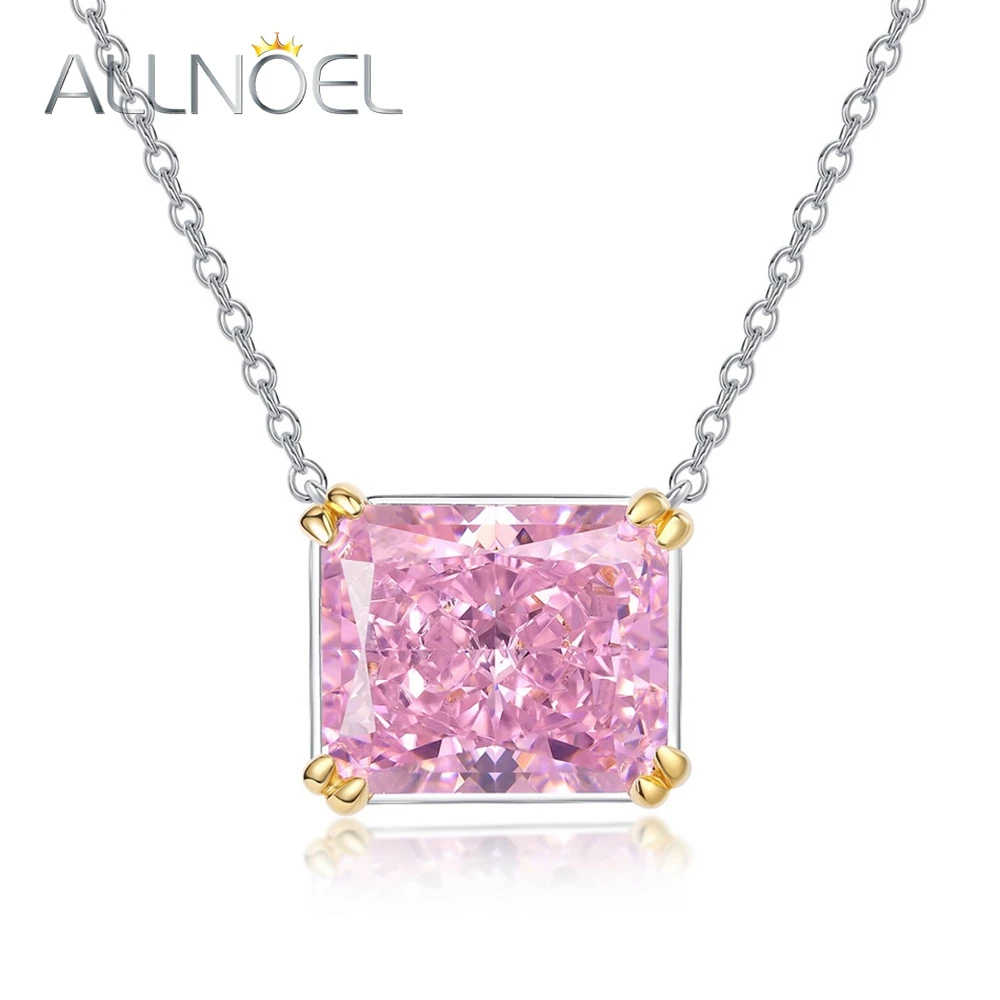 ALLNOEL 925 Silver Necklaces For Woman Square 10*12mm Pink High Carbon Diamond Anniversary Wedding Gifts Classic Fine Jewelry